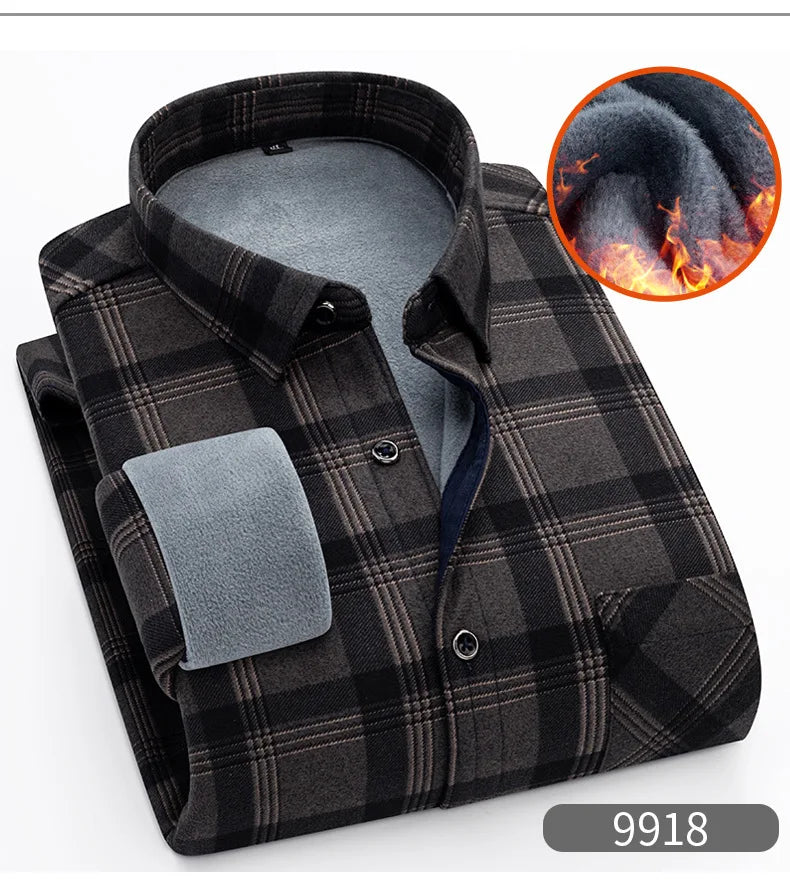 New 2025 Men's Warm Long Sleeve Plaid Design Shirt Autumn Winter Fleece and Thick Warm Men's Casual Shirts Large Size Shirt 5XL