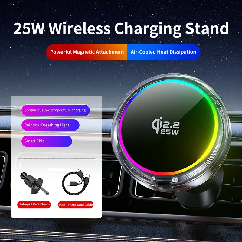 Qi2 25W Manyetik Araç İçi Kablosuz Şarj | RGB Aydınlatma | iPhone MagSafe Uyumlu