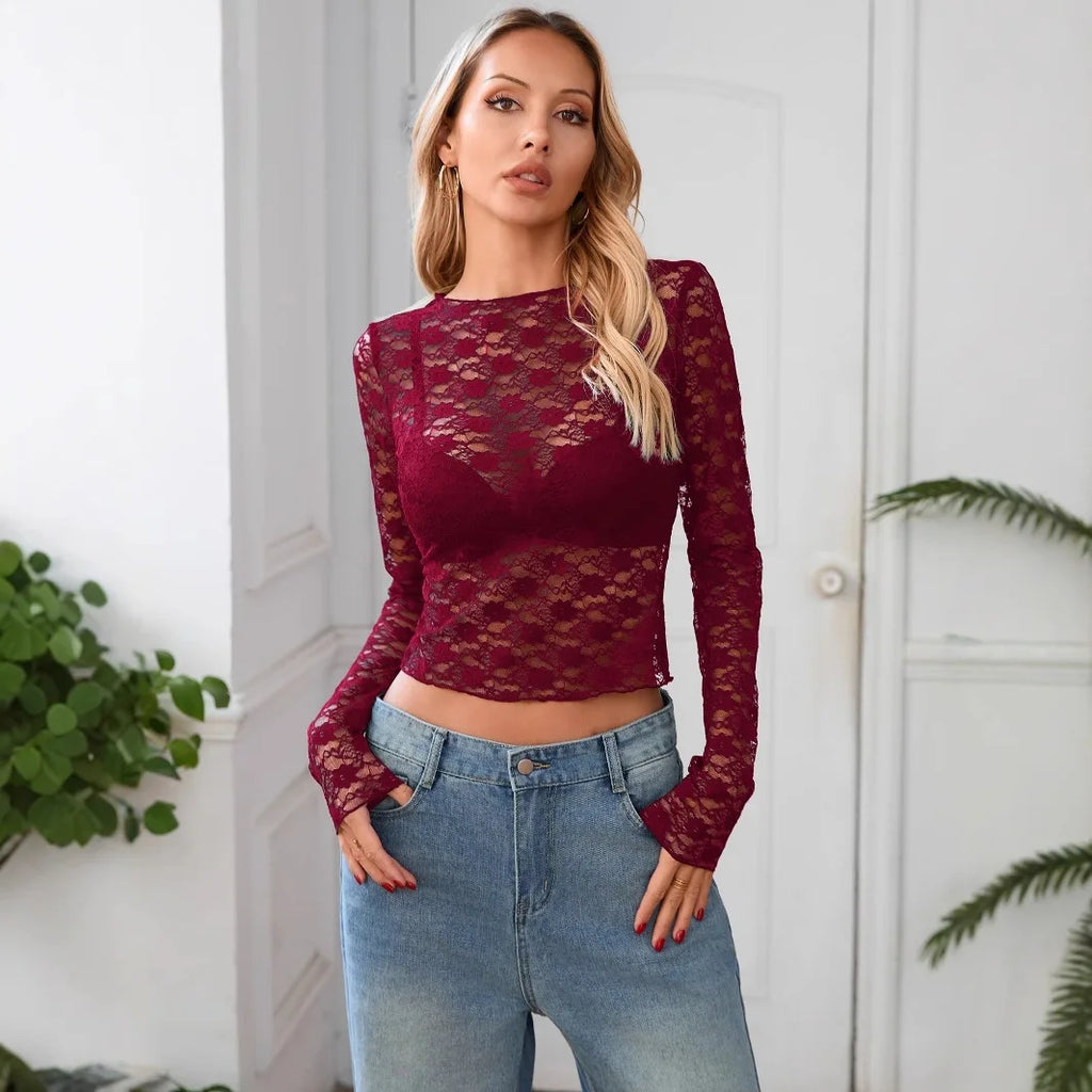 T shirt women 2026 fashion New casual sexy lace sexy nightclub slim long-sleeved T-shirt summer tshirt women's clothing