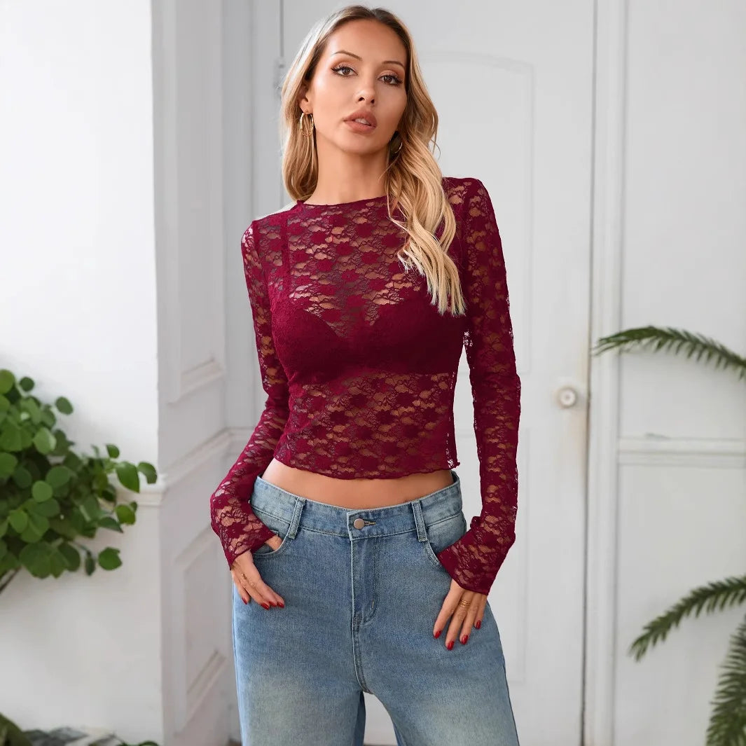 T shirt women 2026 fashion New casual sexy lace sexy nightclub slim long-sleeved T-shirt summer tshirt women's clothing