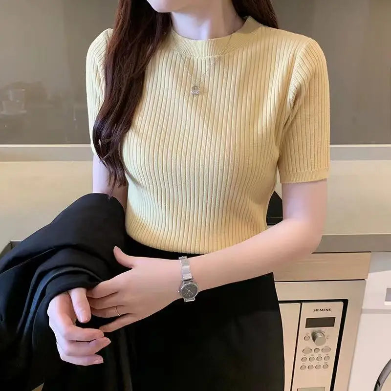 Knitted Sweater Women Pullovers New Black Short Sleeve Sueters De Mujer Knit Sweater Pullover Women Tops O-Neck Knitwears Q3426