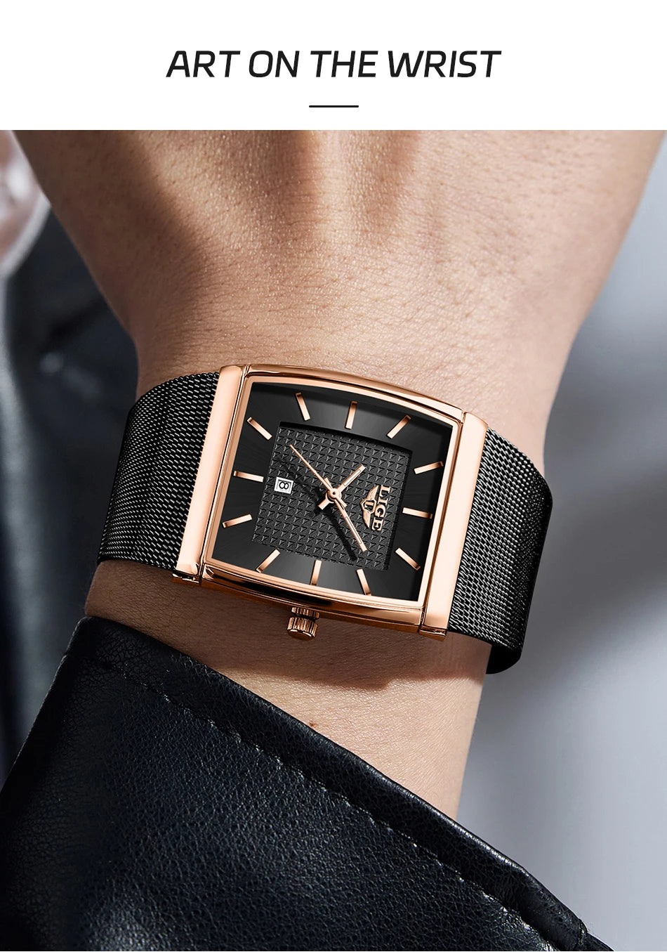 LIGE New Luxury Square Watch For Men Fashion Business Rose Gold Ultra Thin Mesh Waterproof Luminous Men's Quartz Wristwatches