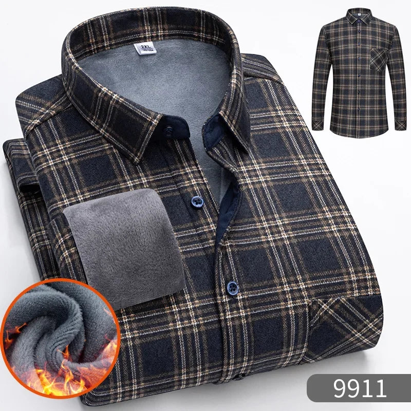 New 2025 Men's Warm Long Sleeve Plaid Design Shirt Autumn Winter Fleece and Thick Warm Men's Casual Shirts Large Size Shirt 5XL