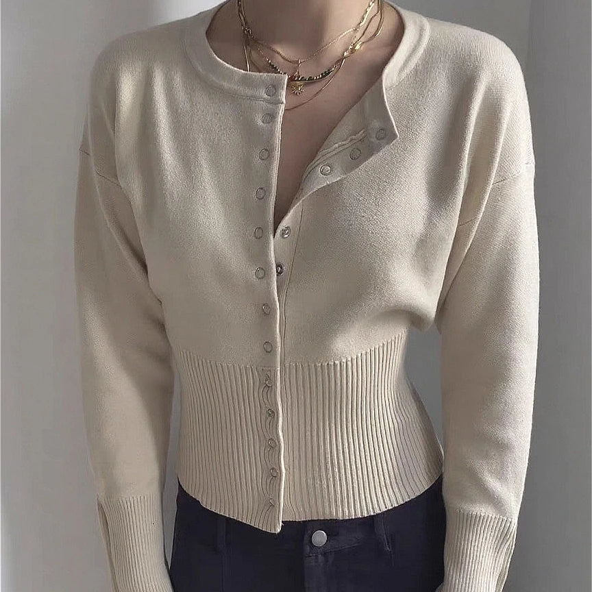 Women Knitted Cardigan Sweaters Solid Short Jumpers Round Neck Long Sleeves Single Breasted Empire Waist Slim 2026 Autumn Winter
