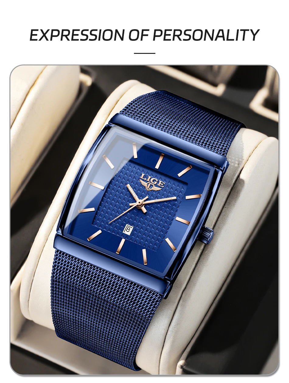 LIGE Top Luxury Watch For Men Stainless Steel Mesh Date Waterproof Luminous Man Wristwatch Casual Rectangle Quartz Men's Watches