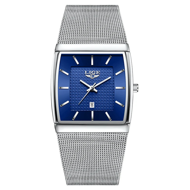 LIGE Top Luxury Watch For Men Stainless Steel Mesh Date Waterproof Luminous Man Wristwatch Casual Rectangle Quartz Men's Watches
