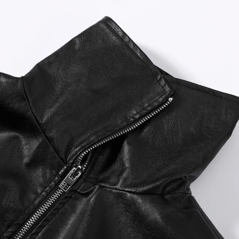 Casual Pu Leather Loose Women Jacket Belt Full Sleeve Stand Collar Zippers Female Coat 2026 Spring Autumn Lady Streetwears