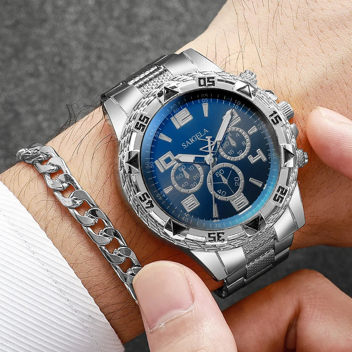 3PCS/Set Fashion Large Dial Men's Quartz Watch Luxury Men Business Watches Necklace Bracelet Set Relogio Masculino（Without Box）