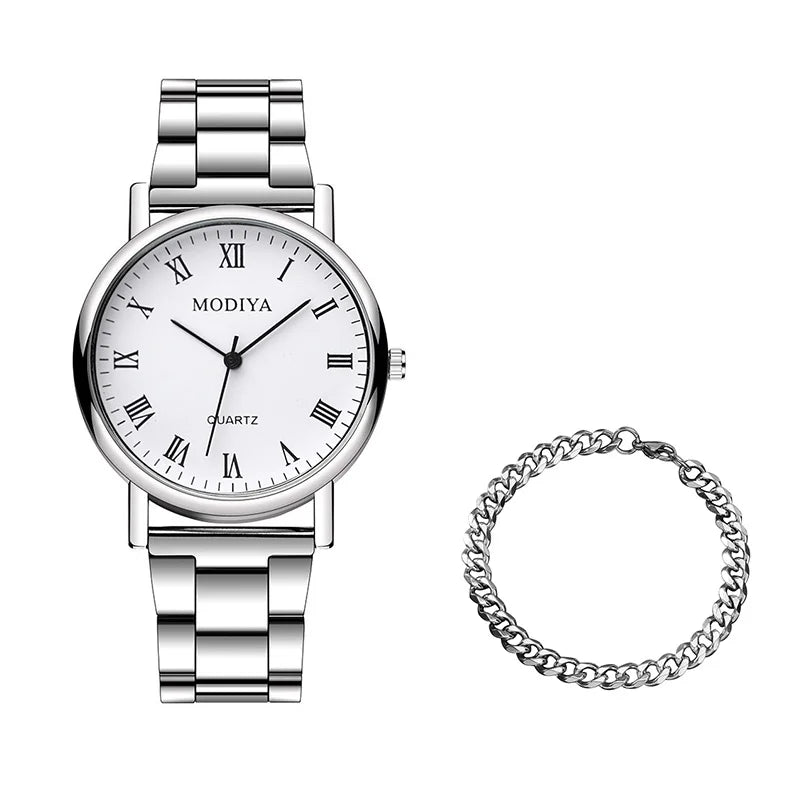 2PCS Men's Watch Casual Silver Alloy Band Male Quartz Watches Bracelet Set（Without Box）