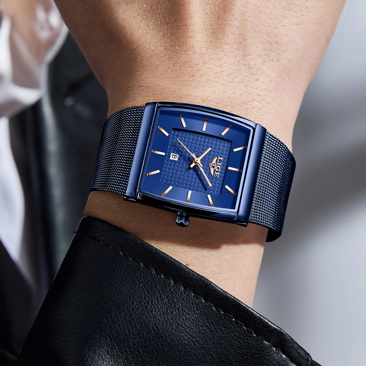 LIGE Top Luxury Watch For Men Stainless Steel Mesh Date Waterproof Luminous Man Wristwatch Casual Rectangle Quartz Men's Watches