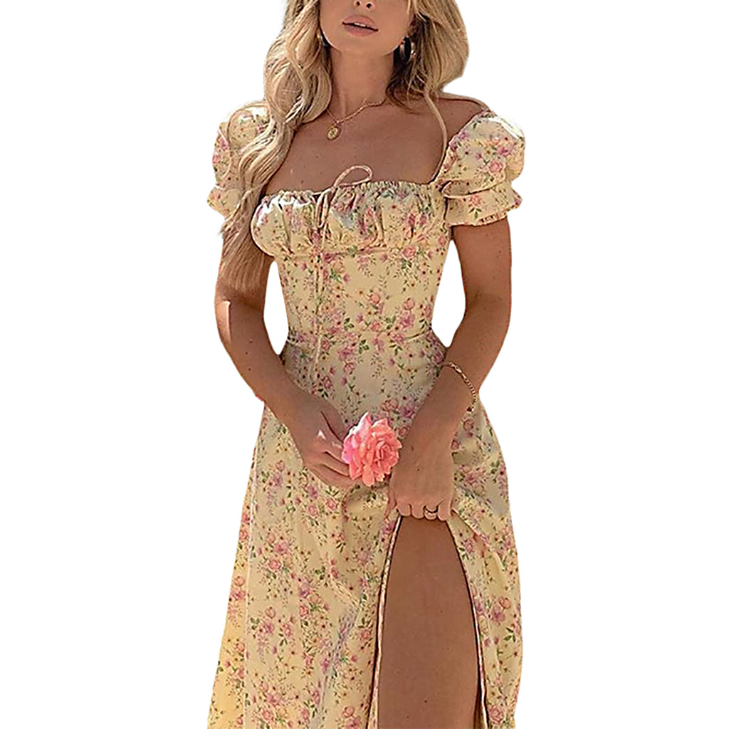 Women's Y2k Retro Bodycon Long Dress Summer Bohemian Floral Print Puff Sleeve Square Collar Tie-up High Split Dress Streetwear