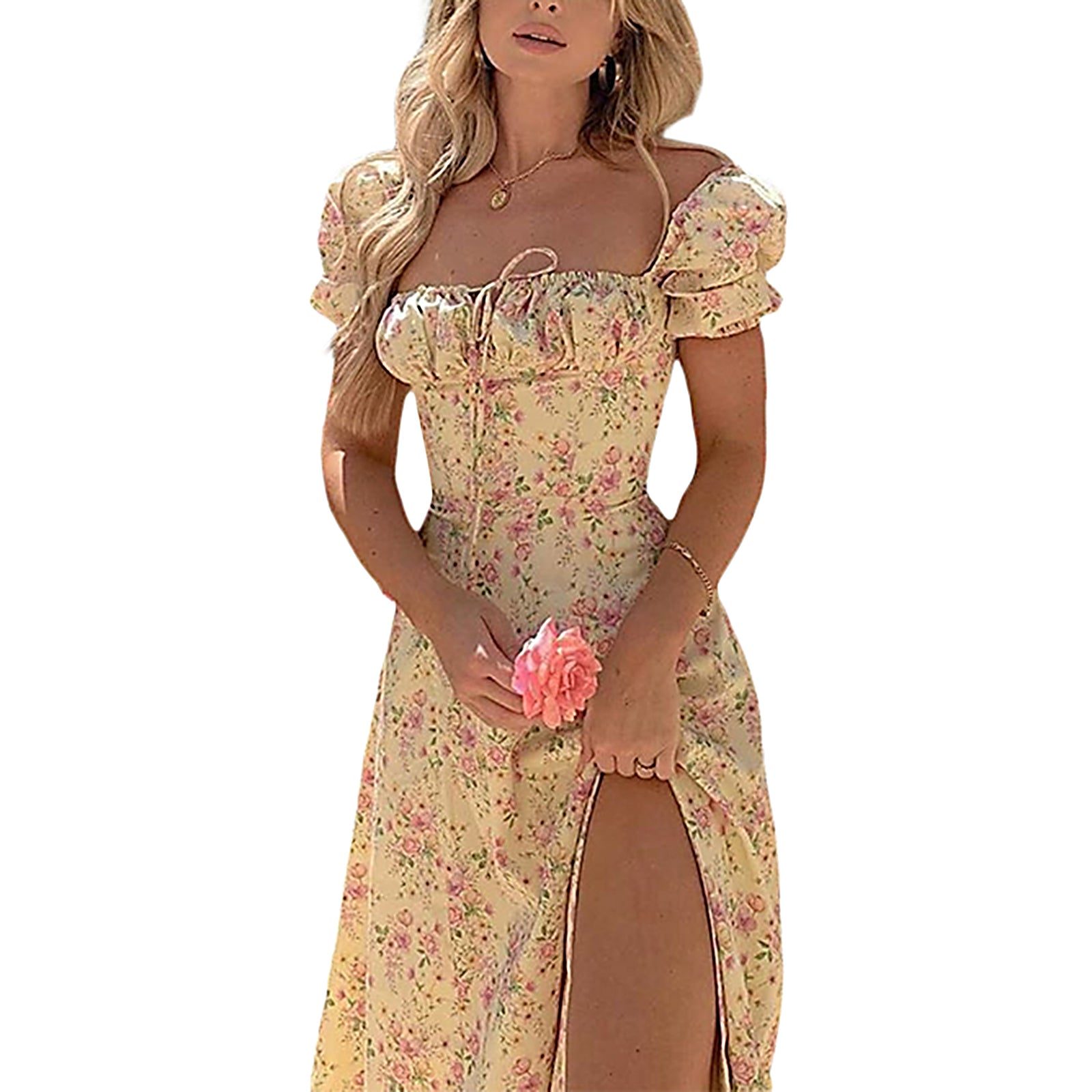 Women's Y2k Retro Bodycon Long Dress Summer Bohemian Floral Print Puff Sleeve Square Collar Tie-up High Split Dress Streetwear