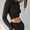 O Yaka Uzun Kollu Tişört Kadın Fitilli Seksi Crop Top 202Ş İlkbahar Siyah Günlük Dar Kesim Temel Kadın Tişört Beyaz