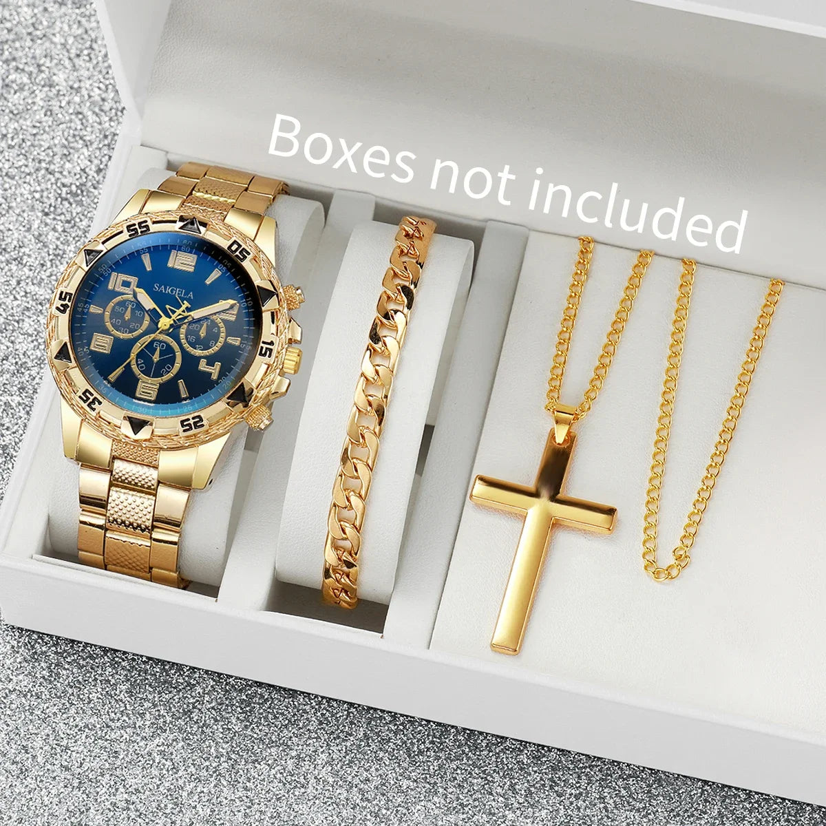 3PCS/Set Fashion Large Dial Men's Quartz Watch Luxury Men Business Watches Necklace Bracelet Set Relogio Masculino（Without Box）