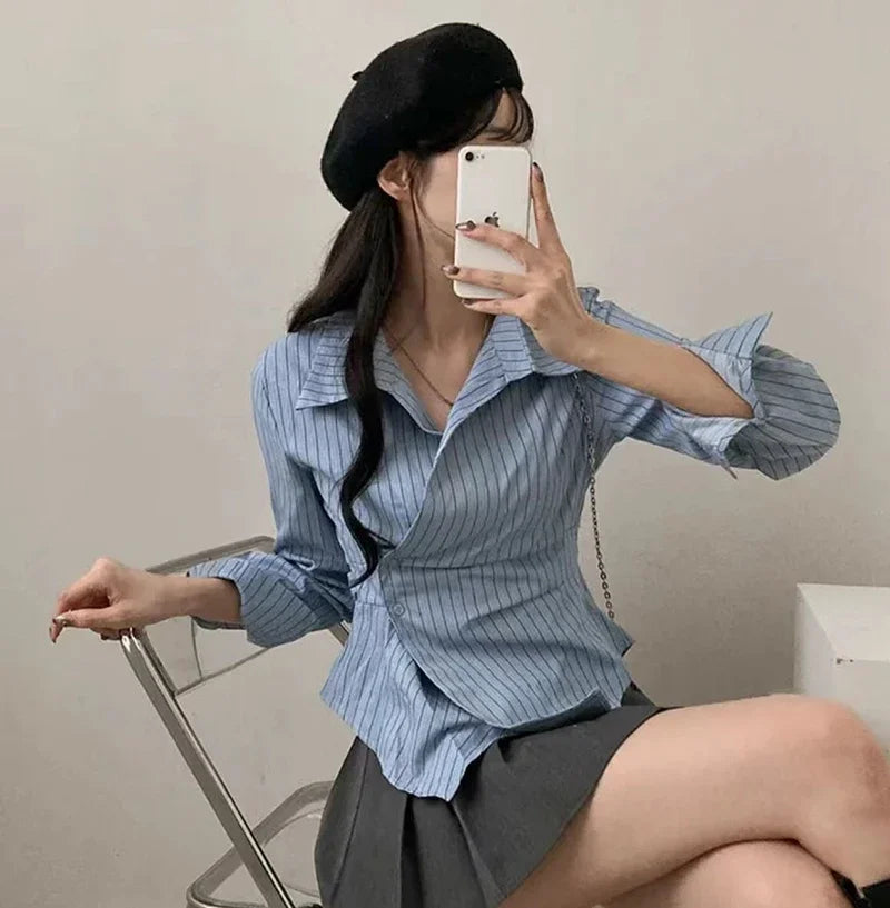 Kore Moda Çizgili Gömlek Kadın Uzun Kollu Vintage Bluz Kadın Estetik Ofis Hanımefendi Düzensiz 2000'ler Kadın Üstleri Yeni
