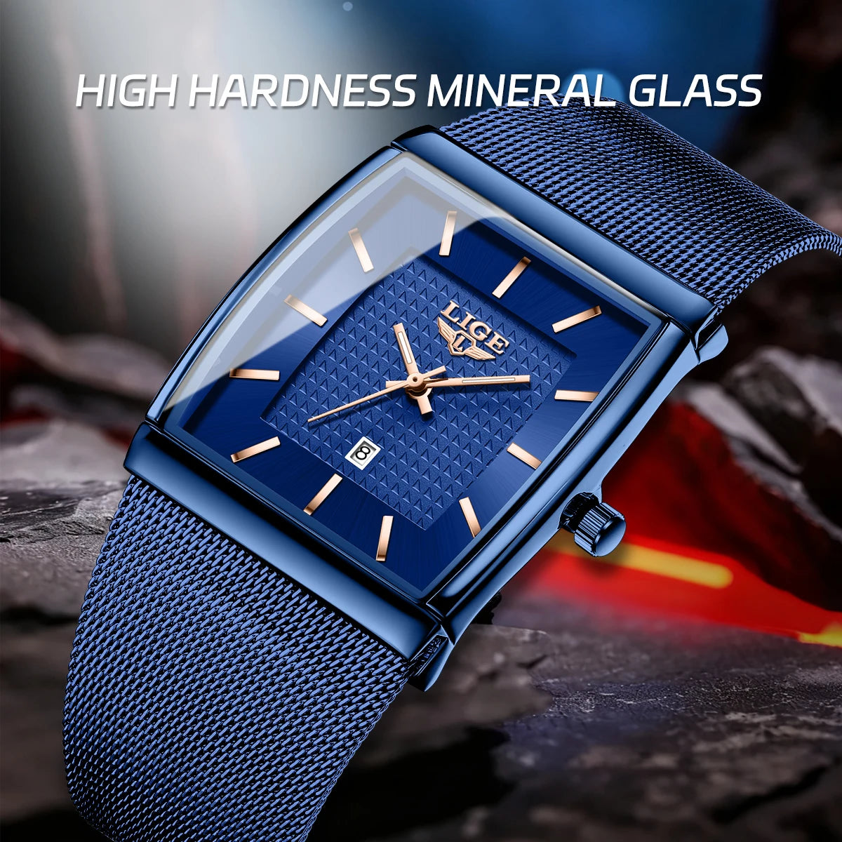 LIGE Top Luxury Watch For Men Stainless Steel Mesh Date Waterproof Luminous Man Wristwatch Casual Rectangle Quartz Men's Watches