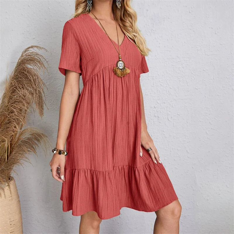 Women Vintage Mini Dresses Summer Solid Casual V Neck Ruffles Dress Ladies Boho Loose Beach Party Elegant Dress Vestidos DF4912