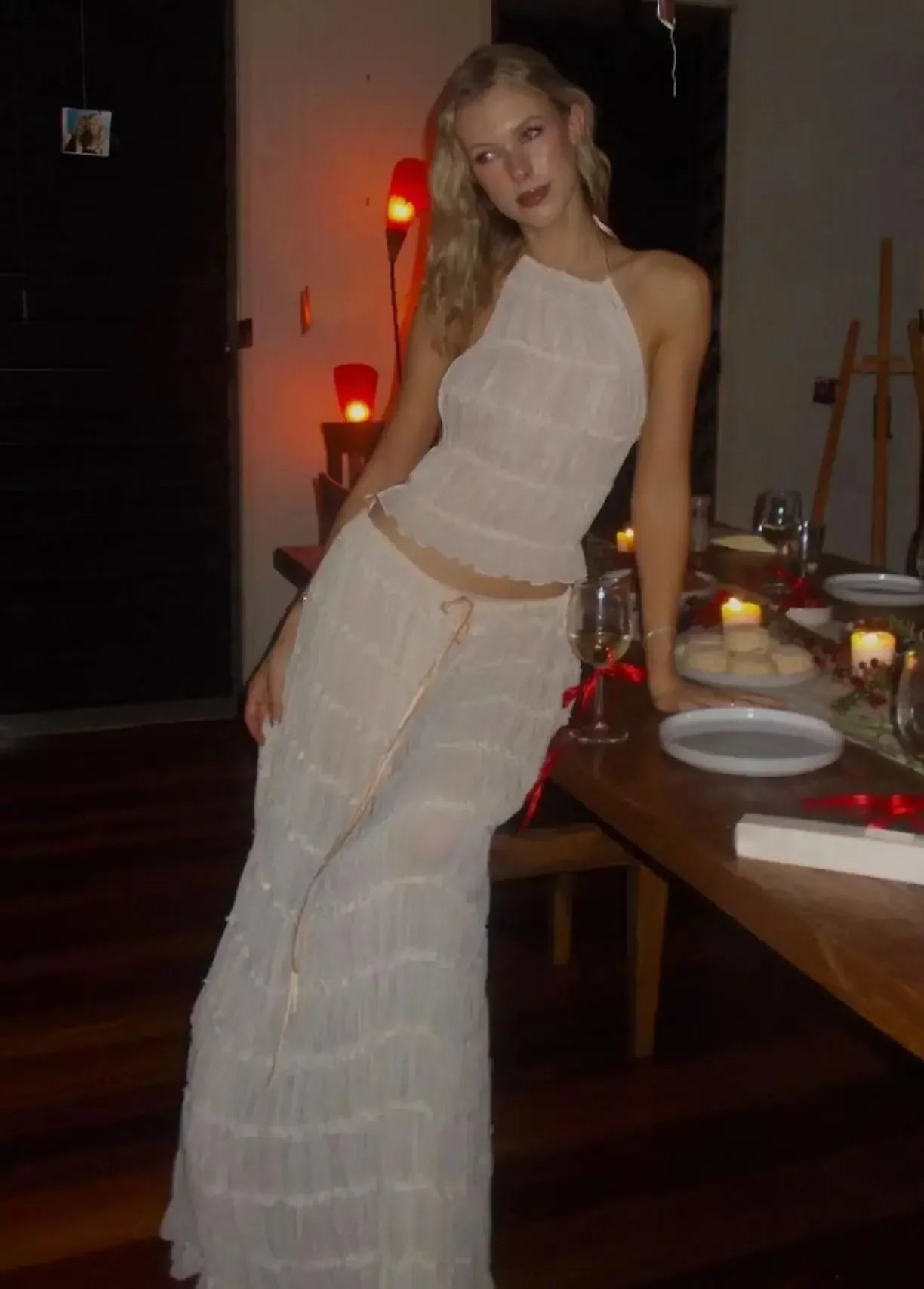 Summer New Sexy Halter Neck Pleated Lace Vest Dress Set for Women