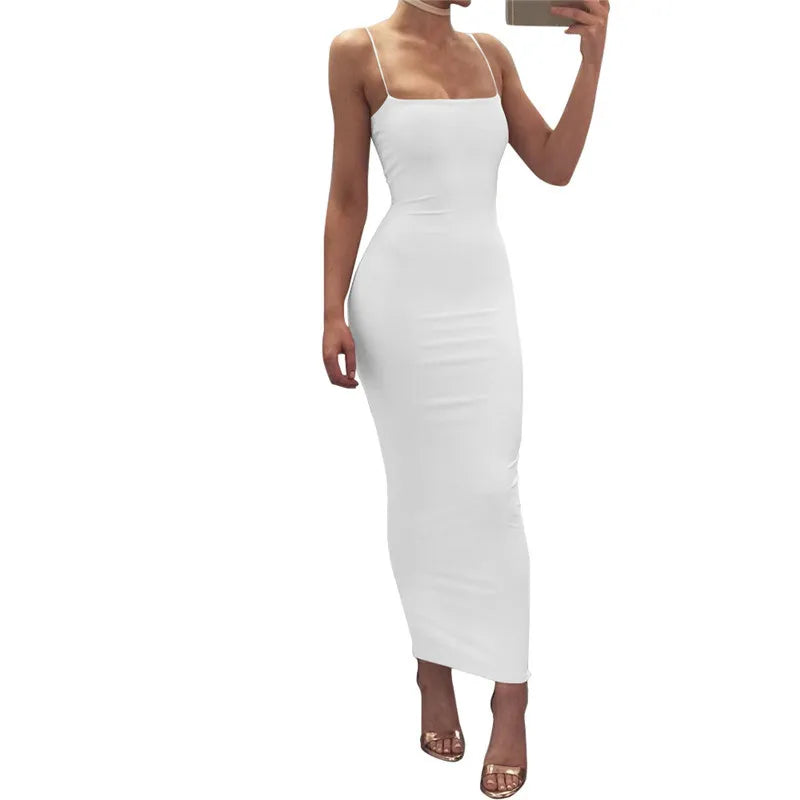 Seksi Sırt Açık Askılı Bodycon Maxi Parti Elbisesi - Y2K Vintage Siyah