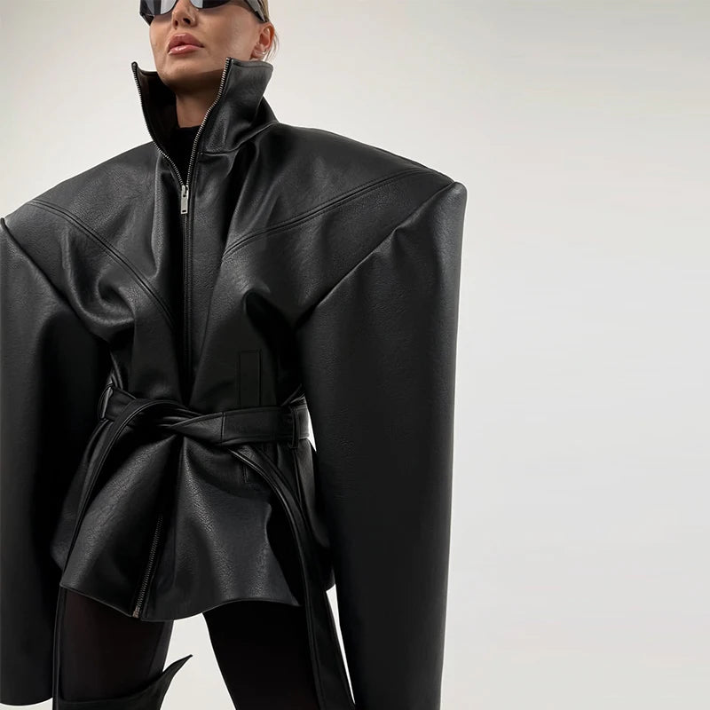 Casual Pu Leather Loose Women Jacket Belt Full Sleeve Stand Collar Zippers Female Coat 2026 Spring Autumn Lady Streetwears