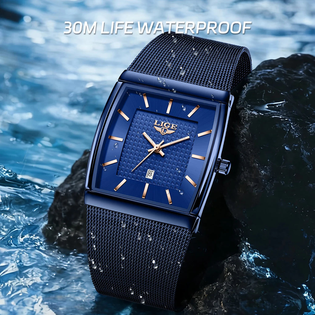 LIGE Top Luxury Watch For Men Stainless Steel Mesh Date Waterproof Luminous Man Wristwatch Casual Rectangle Quartz Men's Watches