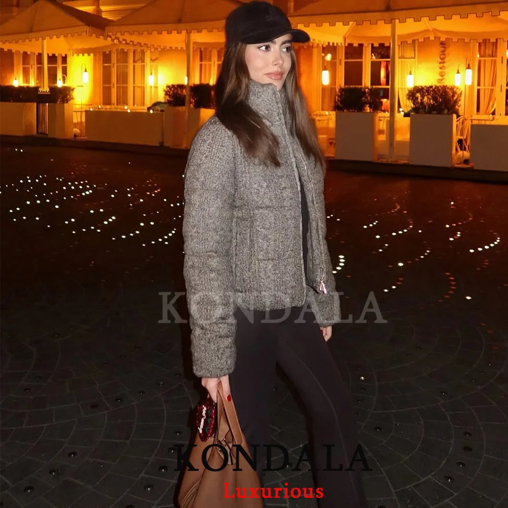 KONDALA Casual Knit Padded Coats Long Sleeve Zipper Pockets Thick Warm Jackets Fashion 2025 Autumn Winter Streetwear Outwears