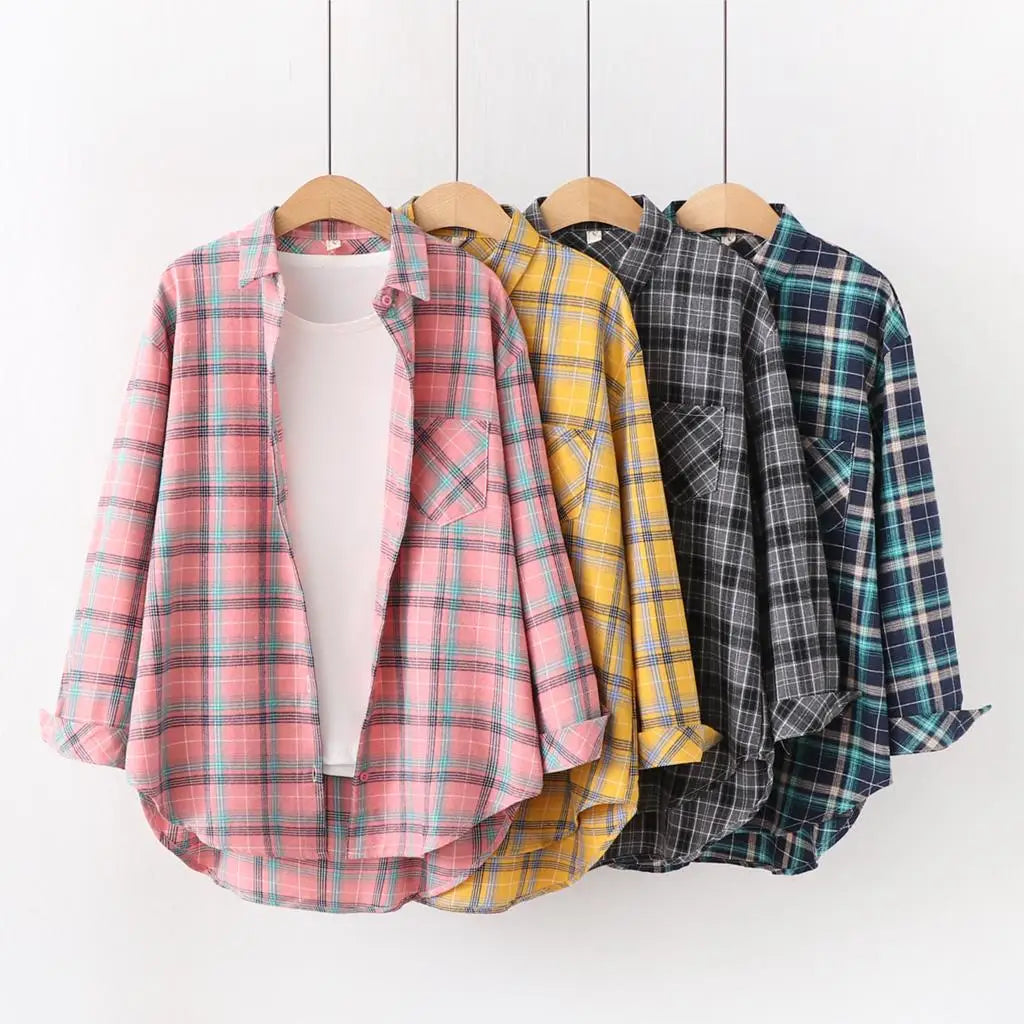 Fresh Flannel Plaid Shirt Women 2026 New Female Blouses and Tops Cotton Loose Long Sleeve Casual Shirts Fine Women's Clothes