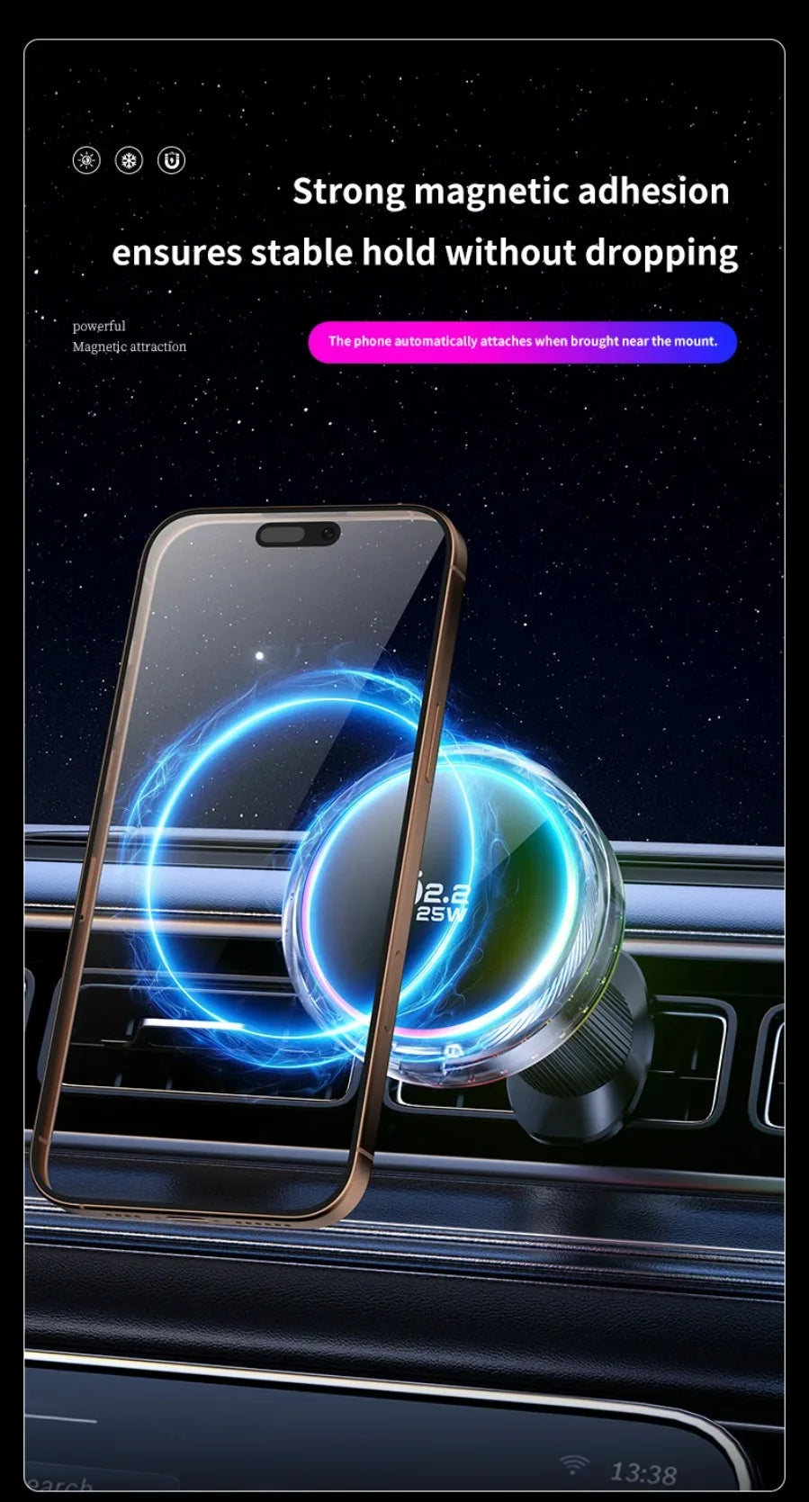 Qi2 25W Manyetik Araç İçi Kablosuz Şarj | RGB Aydınlatma | iPhone MagSafe Uyumlu