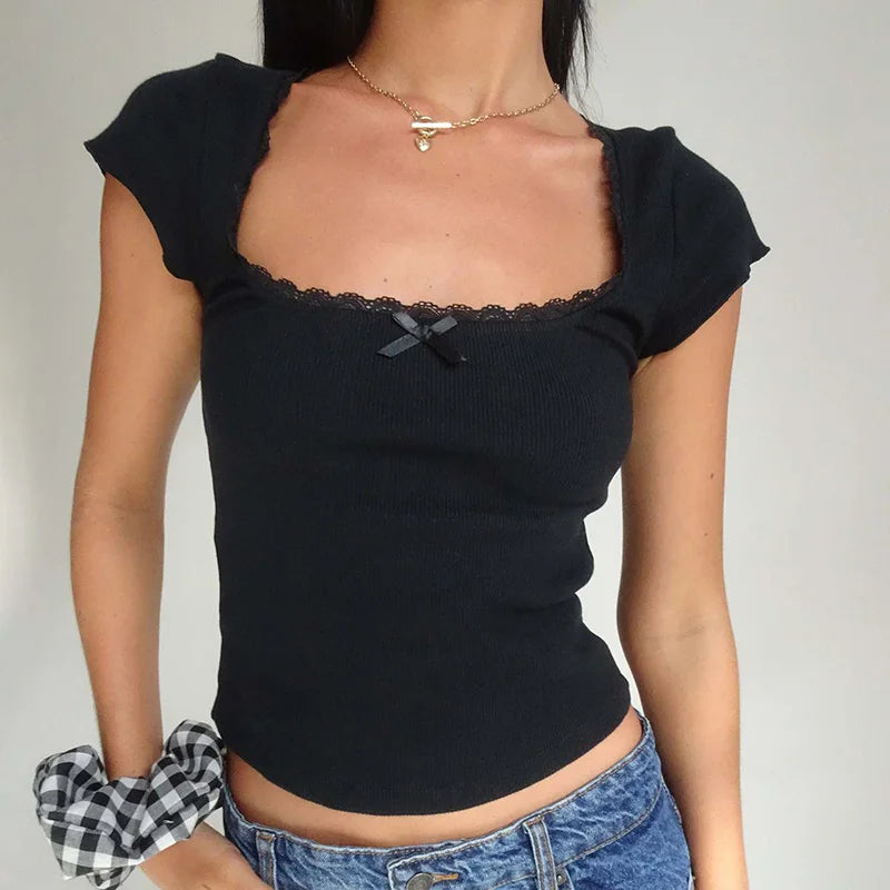 Women's Vintage Baby Tee Cottage Lace Trim Knitted T-Shirt, White Milkmaid Crop Top, Short Sleeve Tee Shirt, Summer, Y2K