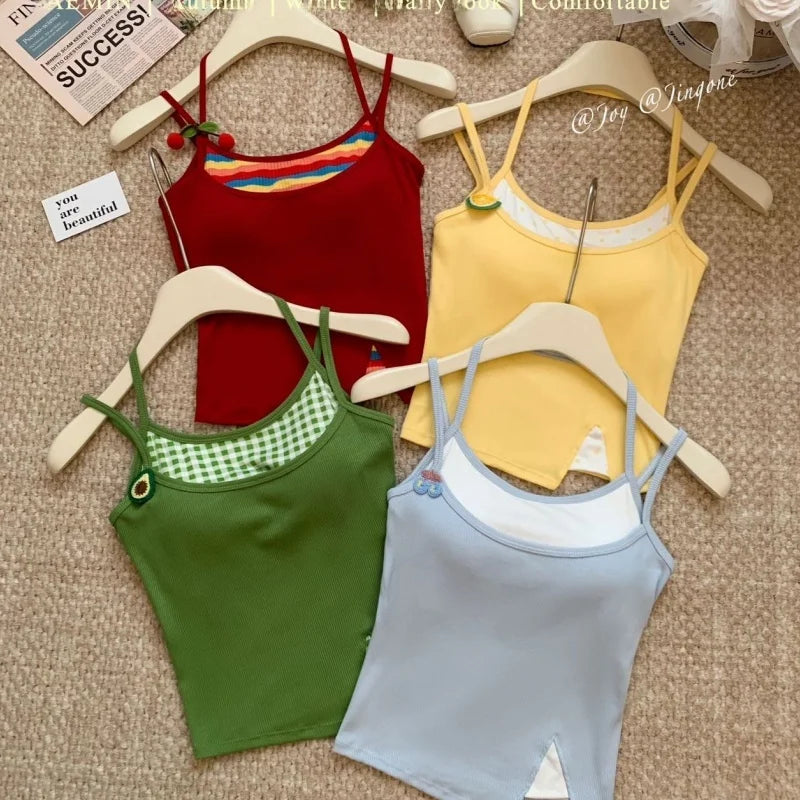 Summer Beach Vacation Women's Sleeveless Neck Hanging Top Breathable Short Length Micro Elastic Pure Color Embroidered Crop Top