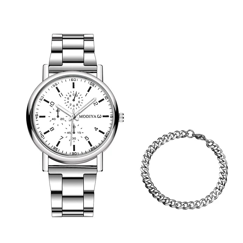 2PCS Men's Watch Casual Silver Alloy Band Male Quartz Watches Bracelet Set（Without Box）