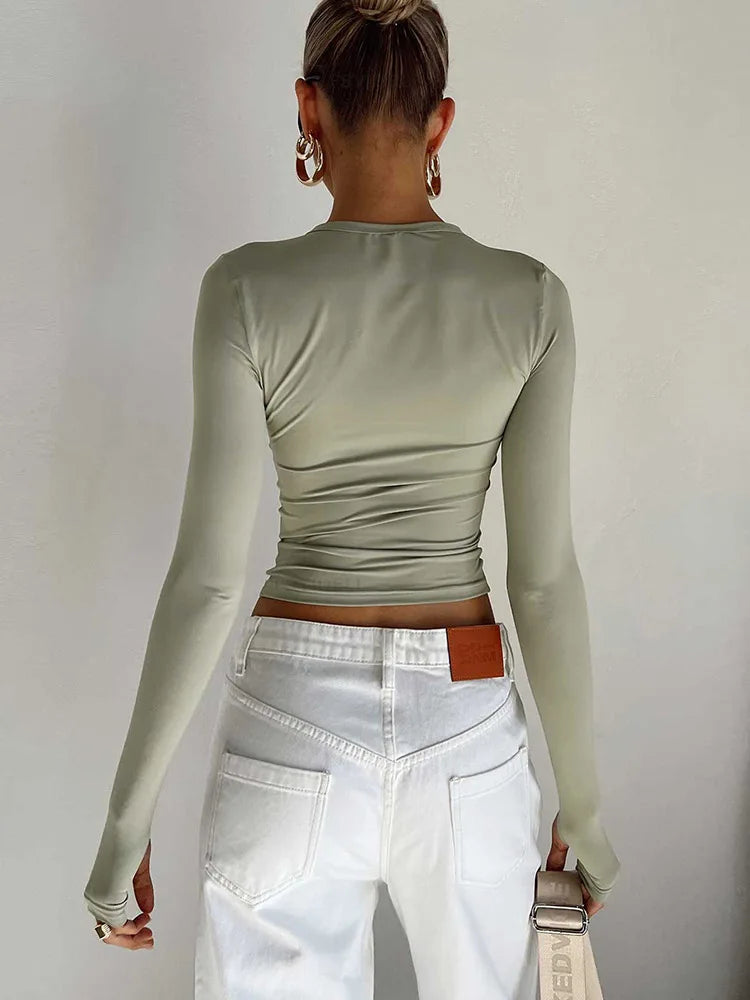Moda Kadın Tişört Uzun Kollu Bisiklet Yaka Düz Renk Dar Kesim Bayan Crop Top Günlük Sokak Giyimi Yazlık Atlet Başparmak Delikli