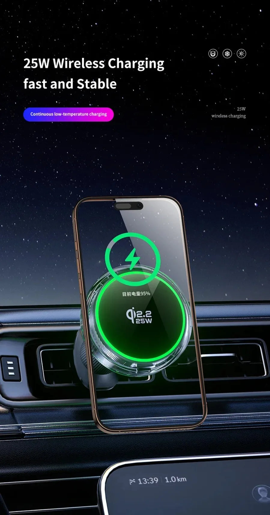 Qi2 25W Manyetik Araç İçi Kablosuz Şarj | RGB Aydınlatma | iPhone MagSafe Uyumlu
