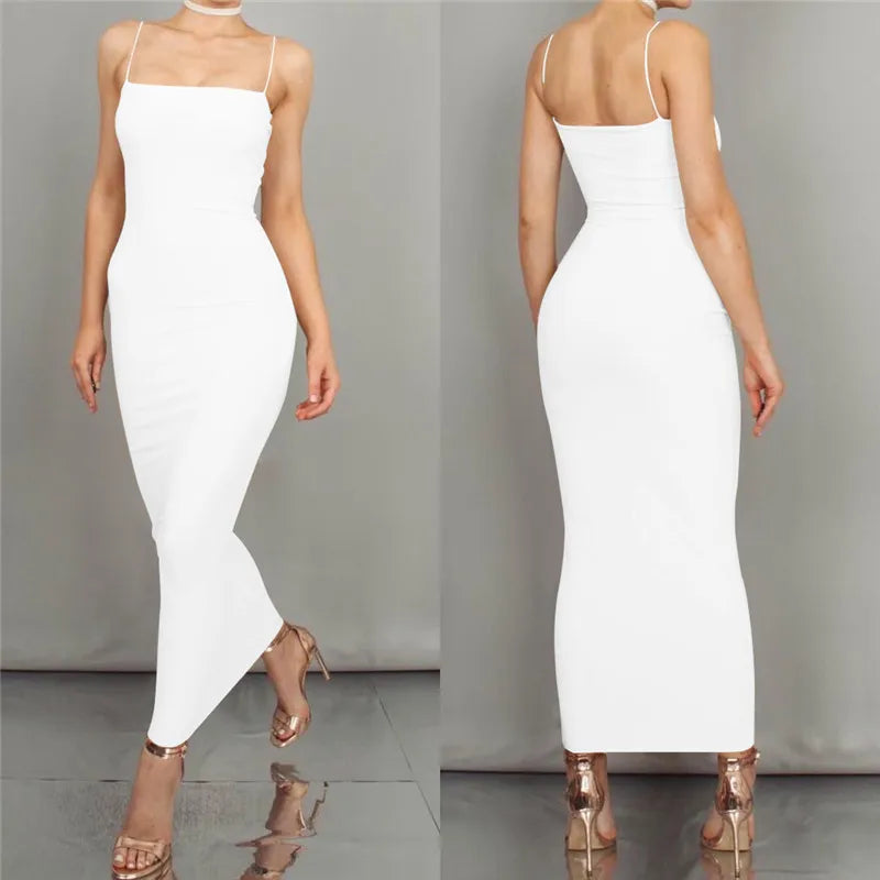 Seksi Sırt Açık Askılı Bodycon Maxi Parti Elbisesi - Y2K Vintage Siyah