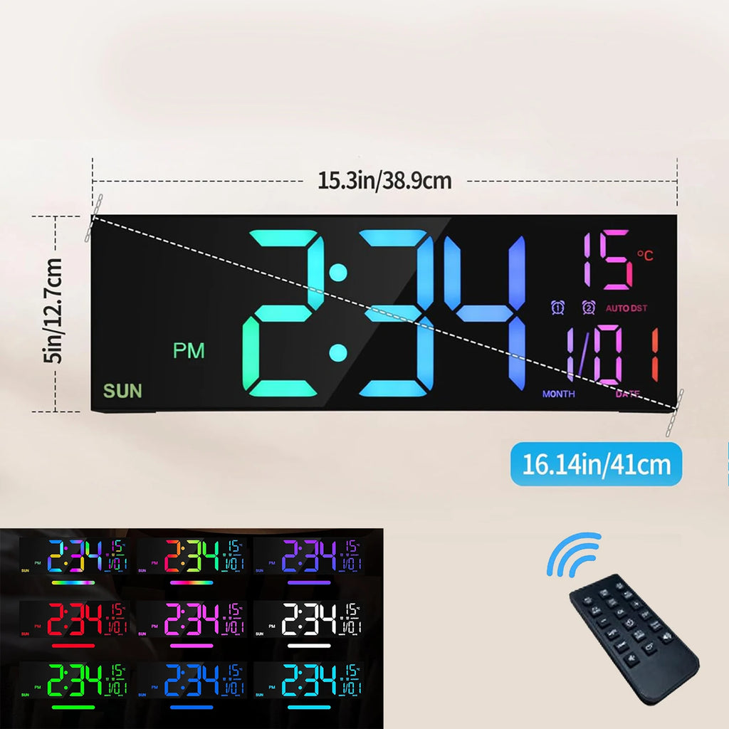 Büyük Dijital Duvar Saati | LED Ekran | Uzaktan Kumandalı | 8 RGB Renk | Çift Alarm