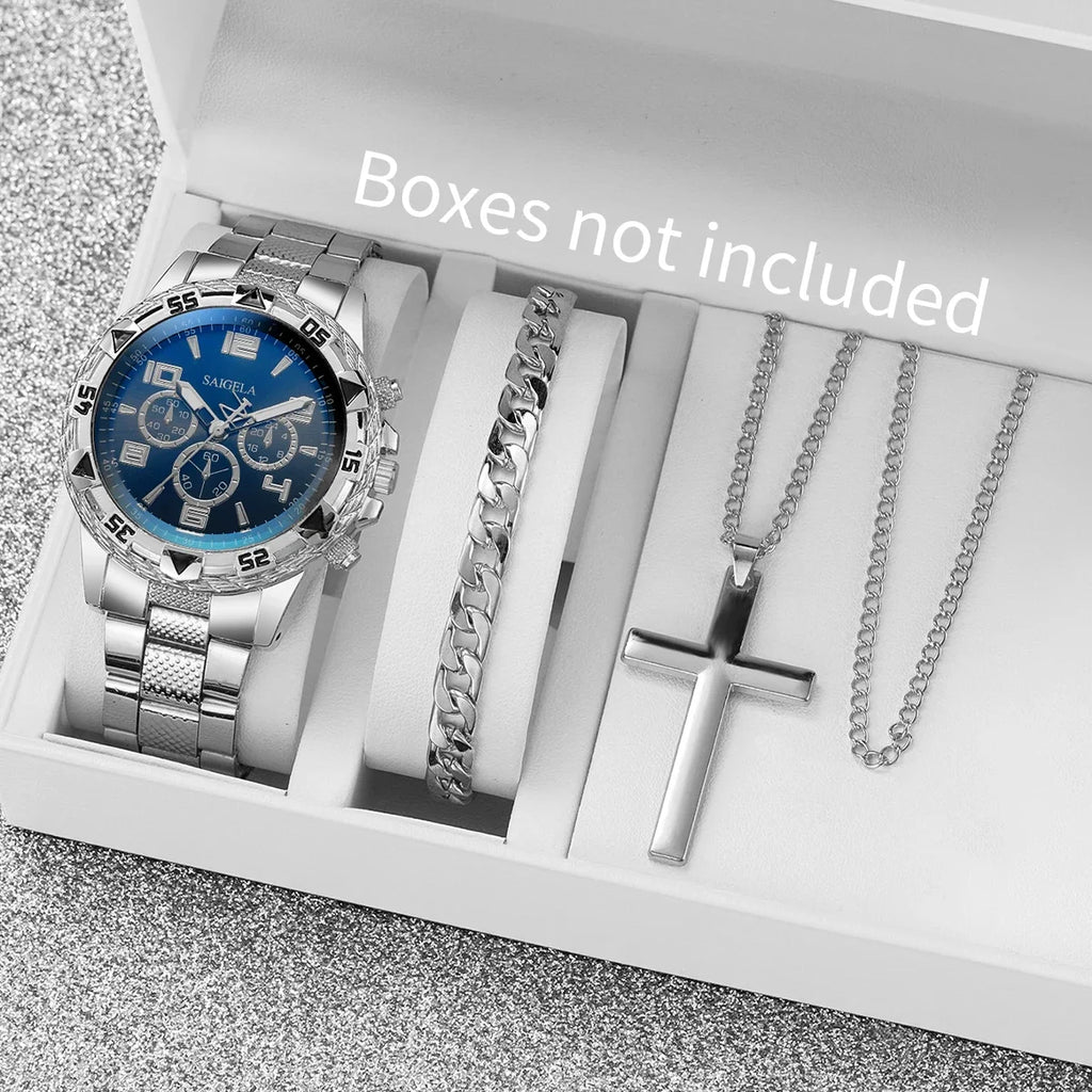 3PCS/Set Fashion Large Dial Men's Quartz Watch Luxury Men Business Watches Necklace Bracelet Set Relogio Masculino（Without Box）