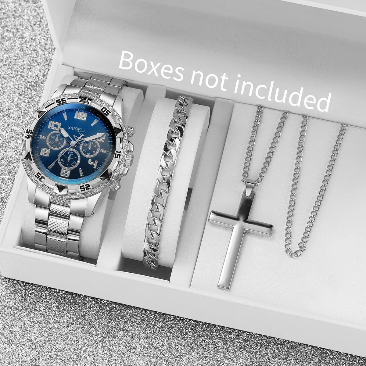 3PCS/Set Fashion Large Dial Men's Quartz Watch Luxury Men Business Watches Necklace Bracelet Set Relogio Masculino（Without Box）