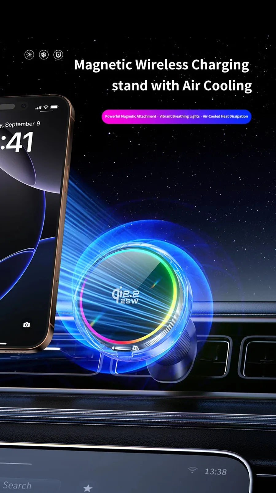 Qi2 25W Manyetik Araç İçi Kablosuz Şarj | RGB Aydınlatma | iPhone MagSafe Uyumlu