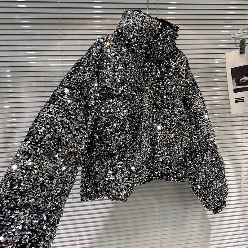 DEAT 2025 Winter New Fashion Heavy Industry Colorful Sequin Stand Collar Warm Jacket For Women Cotton-padded Coat 11A07258