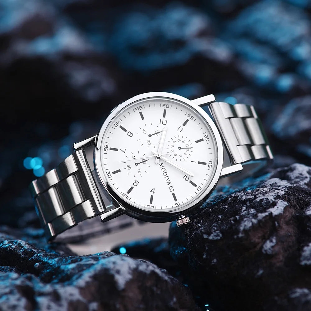 2PCS Men's Watch Casual Silver Alloy Band Male Quartz Watches Bracelet Set（Without Box）