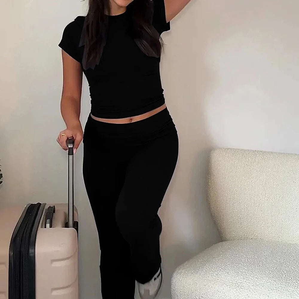 Women Chic Sets Two 2 Pcs Sale Sexy O-Neck Slim Long Sleeve Cropped Tshirt&High Elastic Waist Fitness Full Pant Suits MSJFZ-9052