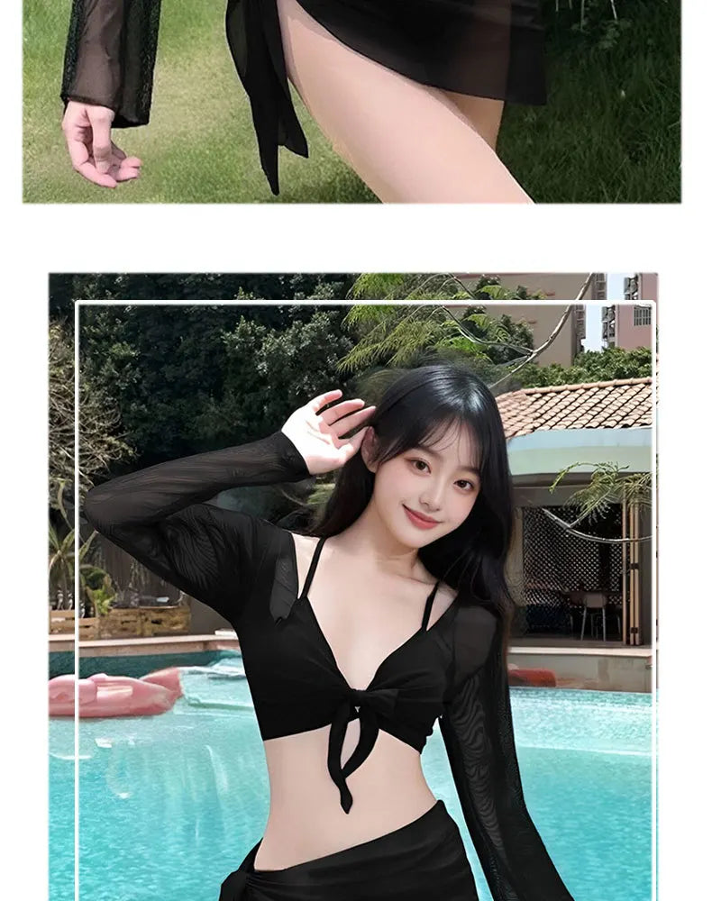 2026 New Women's Big Red Whitening Pure Desire Sexy Bikini Four Piece Set Long Sleeve Sunscreen Hot Girl Swimsuit