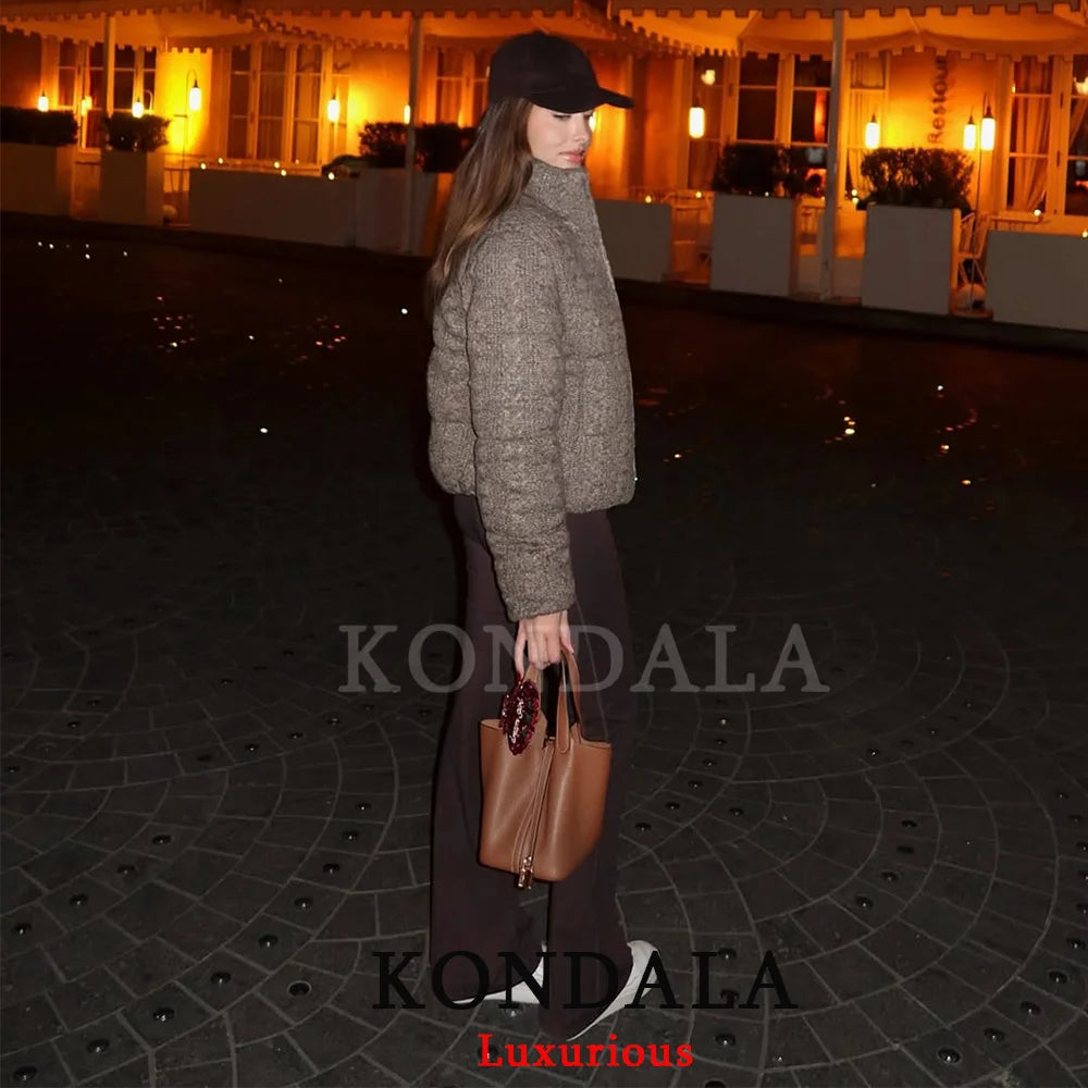KONDALA Casual Knit Padded Coats Long Sleeve Zipper Pockets Thick Warm Jackets Fashion 2025 Autumn Winter Streetwear Outwears