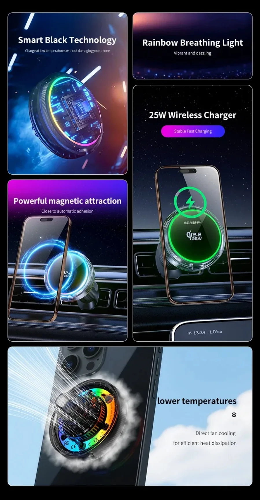 Qi2 25W Manyetik Araç İçi Kablosuz Şarj | RGB Aydınlatma | iPhone MagSafe Uyumlu