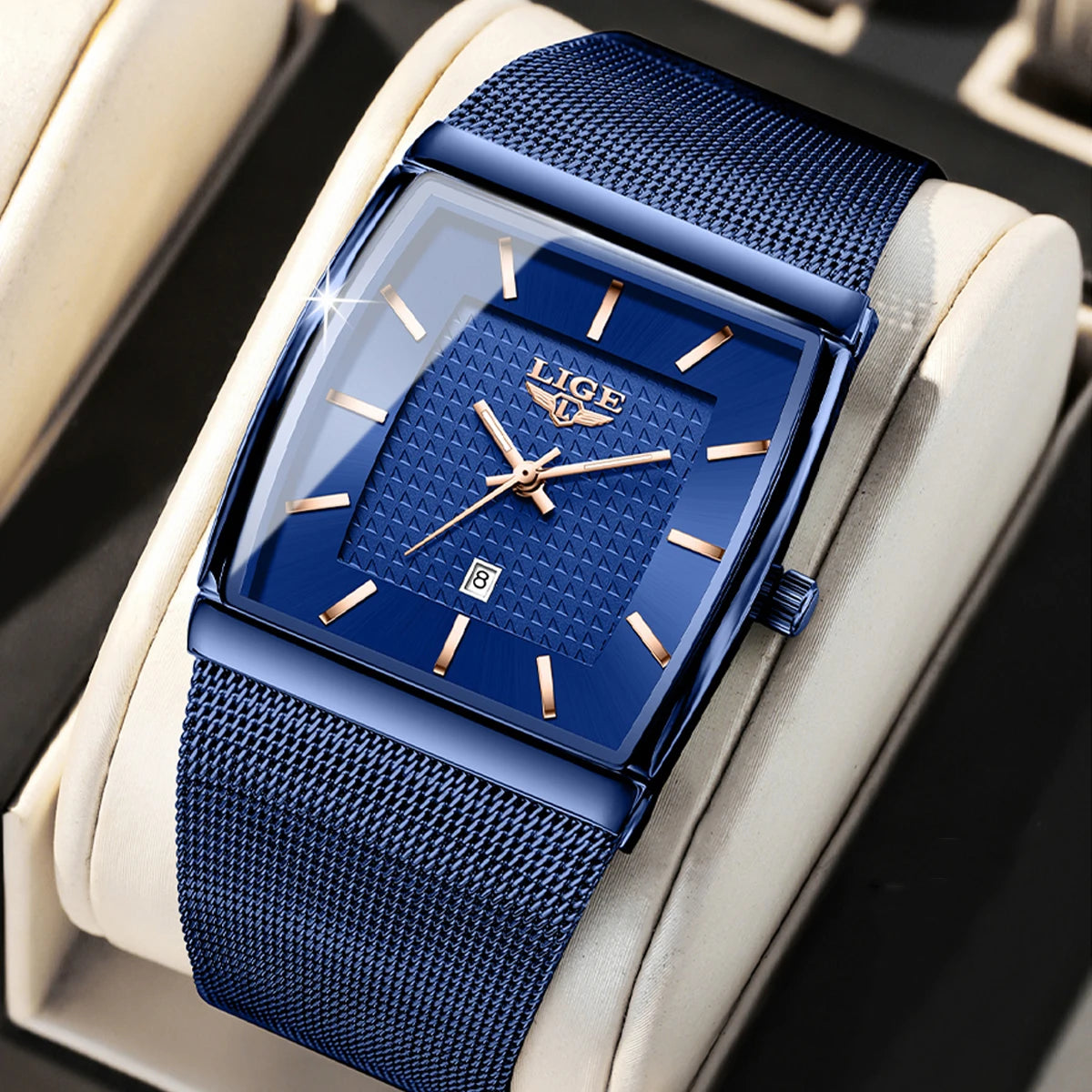LIGE New Luxury Square Watch For Men Fashion Business Rose Gold Ultra Thin Mesh Waterproof Luminous Men's Quartz Wristwatches