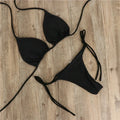 Solid Color Hanging Neck Style Lace-Up Bikini Women's Sexy Split Binding Triangle Beach Swimsuit No Steel Bracket No Chest Pad