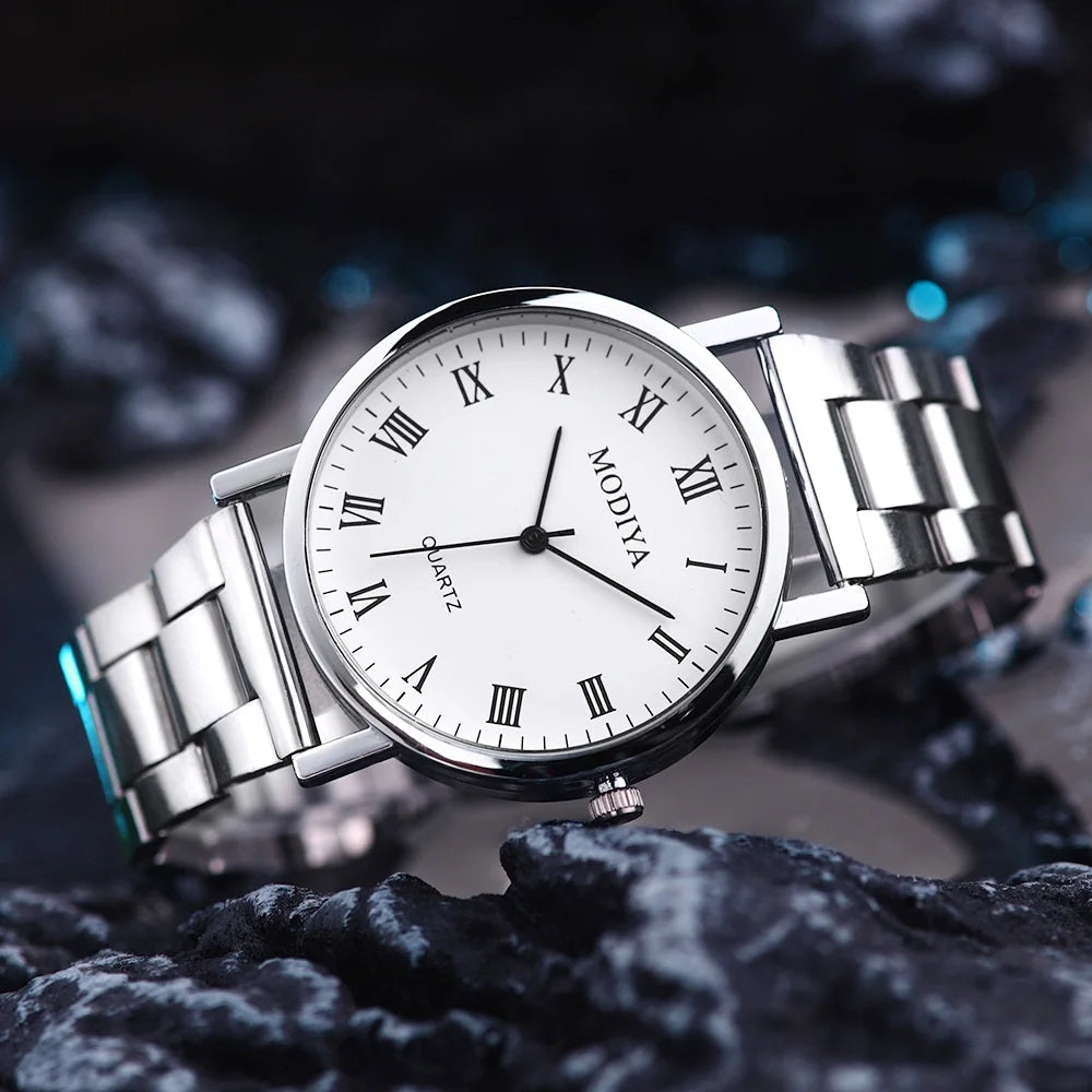 2PCS Men's Watch Casual Silver Alloy Band Male Quartz Watches Bracelet Set（Without Box）