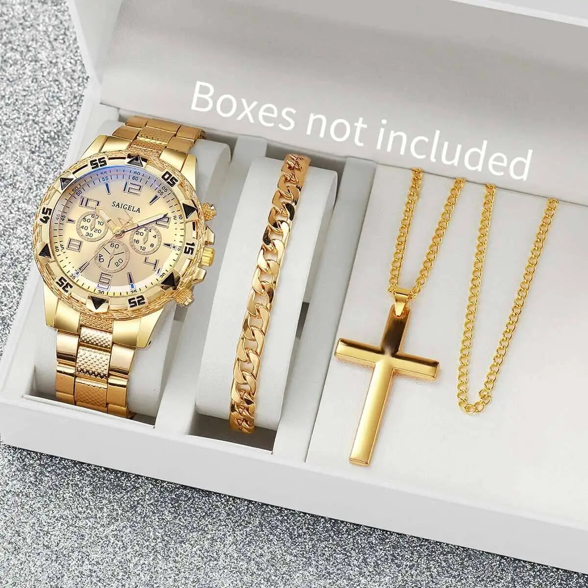 3PCS/Set Fashion Large Dial Men's Quartz Watch Luxury Men Business Watches Necklace Bracelet Set Relogio Masculino（Without Box）