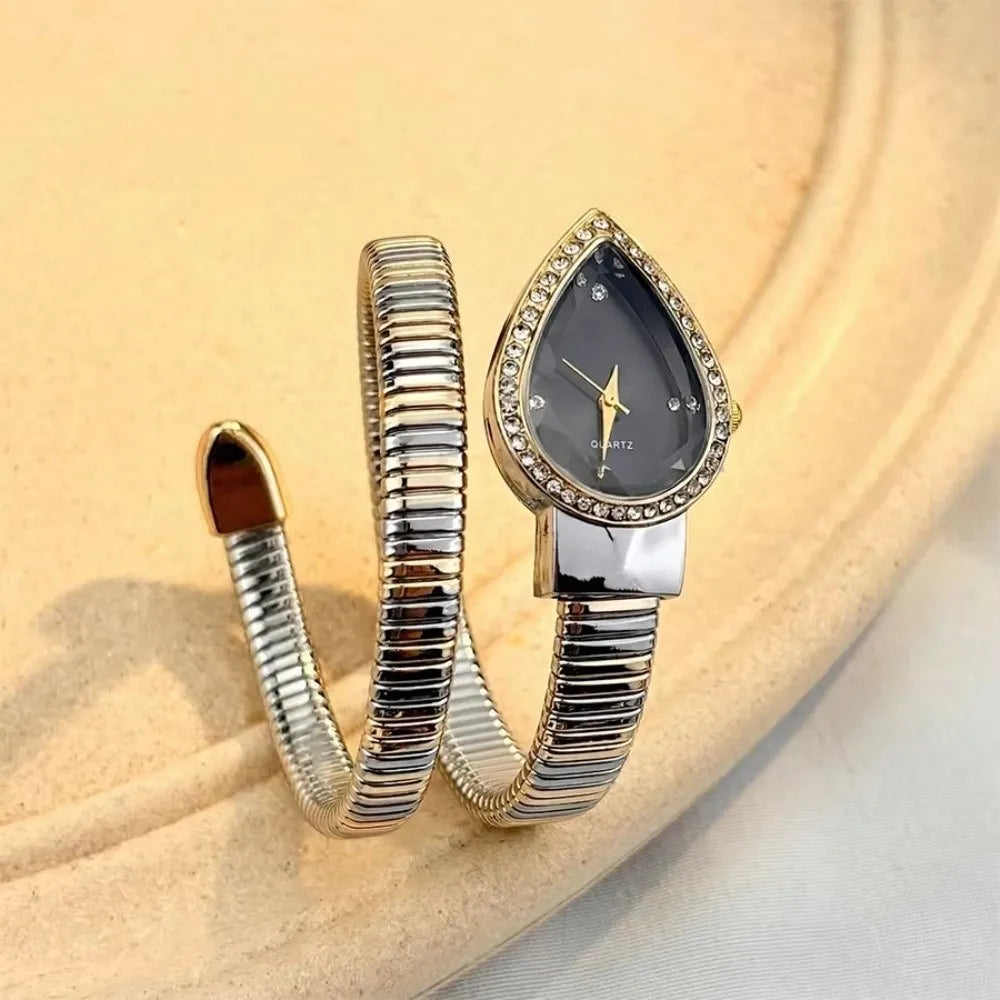New Water Drop Headed Quartz Watch Stainless Steel Strap Elegant Wristwatch Bracelet Snake-shaped Band Watch Women's Watch