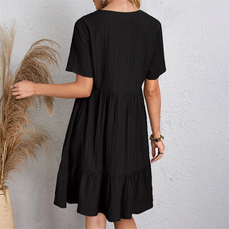 Women Vintage Mini Dresses Summer Solid Casual V Neck Ruffles Dress Ladies Boho Loose Beach Party Elegant Dress Vestidos DF4912